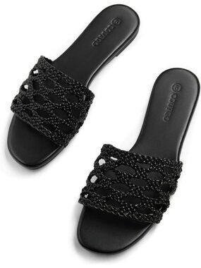 Women's Black Flat Sandals Braided Open Square Toe Slip On Slide Dress Sandals